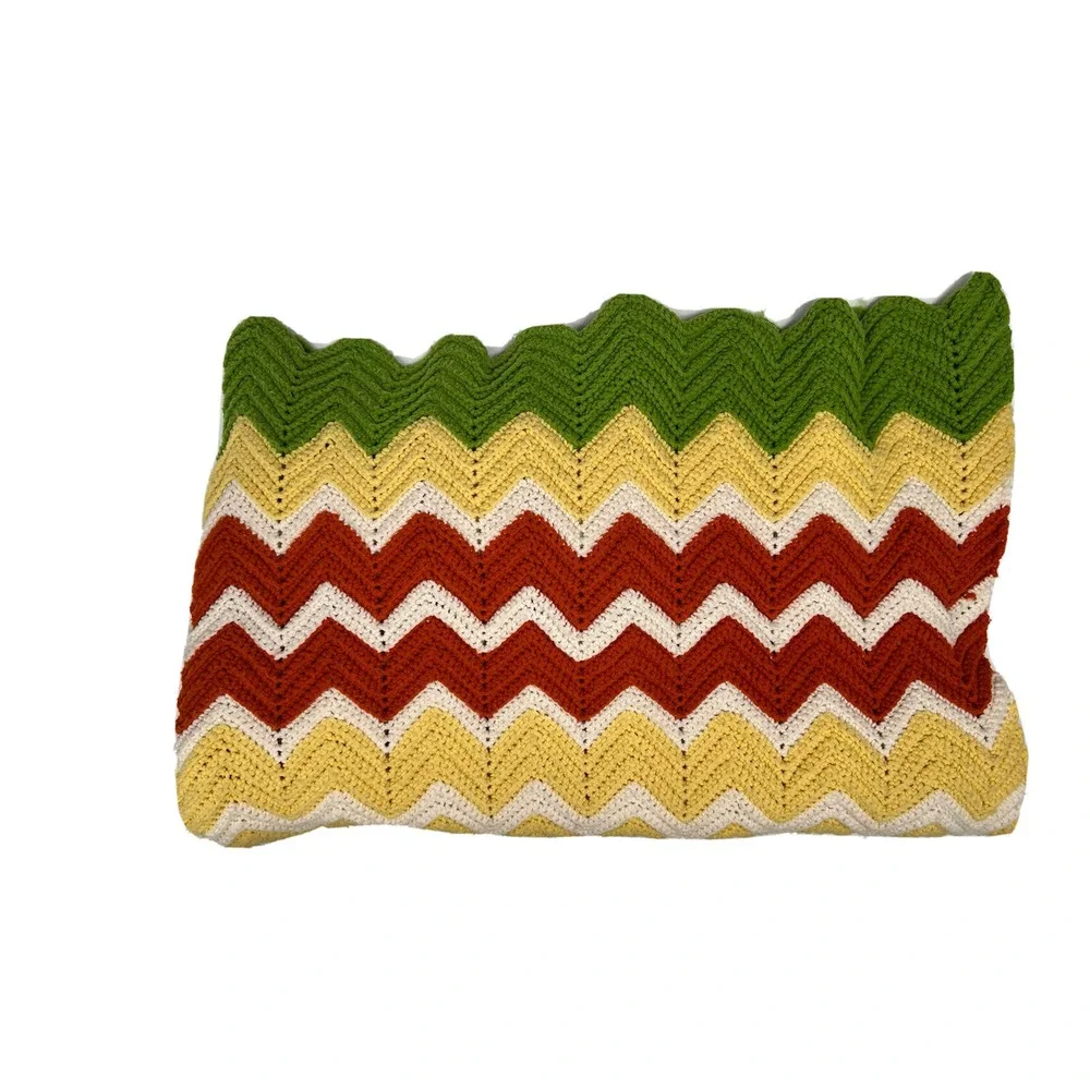 Vintage Throw Blanket Retro Crochet Afghan Large Granny Handmade Zig Zag Chevron